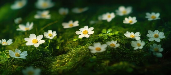 Poster - Blooming Daisies on Lush Green Background in a Serene Natural Setting
