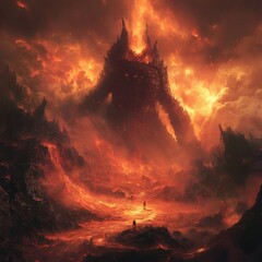 Poster - Towering twoheaded demonic figure in a hellish landscape with lava rivers and jagged mountains The scene is surrounded by chaos and destruction with fiery elements and dark skies