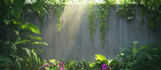Poster - Lush garden atmosphere with a vibrant green concrete wall and sunlight filtering through vegetation in a serene park setting
