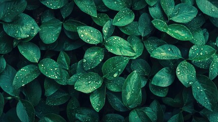 Poster - Aerial view of dew-covered green grass leaves with vibrant textures and ample empty space for text or design elements.