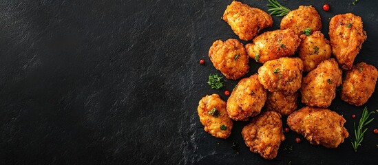 Aufkleber - Crispy herb-coated chicken pieces arranged on dark surface with ample copy space for branding or promotional text