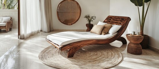 Poster - Cozy master bedroom with elegant sun bed and boho decor in natural tones featuring circular mirror and inviting ambiance for relaxation