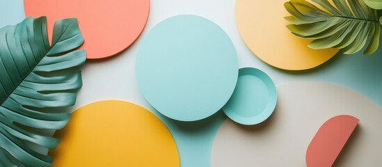 Aufkleber - Colorful geometric shapes with tropical leaves for modern graphic design backgrounds