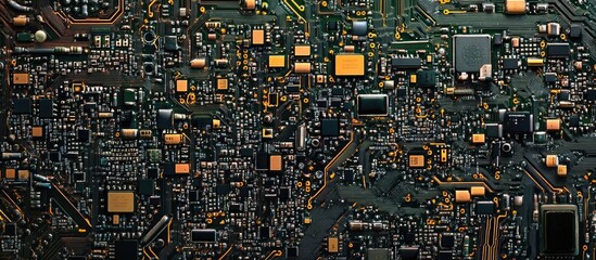 Leinwandbilder - Detailed close-up of a complex computer motherboard featuring intricate chips and electronic components in vibrant colors.
