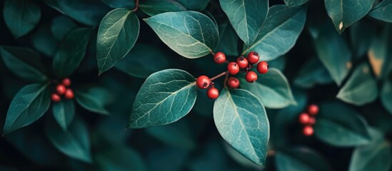 Poster - Common European creeping ivy bush with red berries and lush green leaves in early spring season captured from above without people.