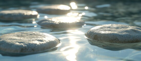 Poster - Serene reflections on a crystal clear water surface with smooth stone formations beneath the shimmering light