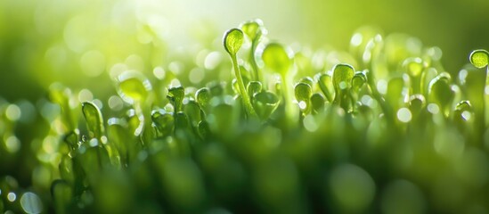 Poster - Microscopic close-up of vibrant green duckweed plants illuminated in soft natural light with a blurred background