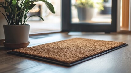 Wall Mural - Contemporary home featuring a dirty doormat with dry cat grass and empty space for text near a potted plant and a glass door.