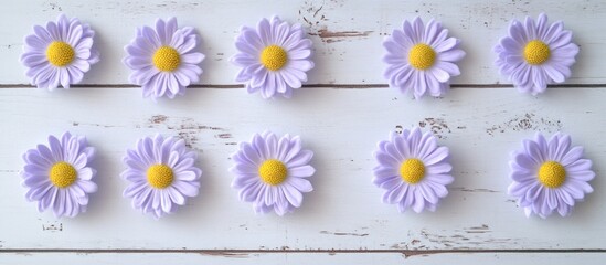 Poster - Lavender daisy flowers arranged on a rustic white wooden background in a symmetrical flat lay composition