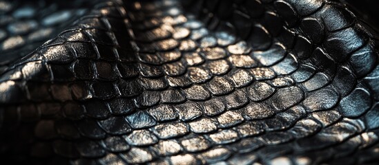 Aufkleber - Textured black leather with a shiny finish showcasing an intricate scale pattern for luxurious fashion and design applications.