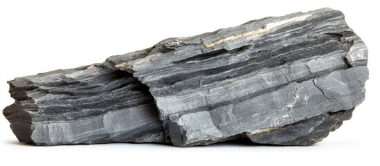 Poster - Detailed raw specimen of gray shale rock stone isolated on a white background showcasing geological features and textures for educational use