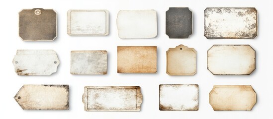 Poster - Vintage blank sticker label templates with dirty, ripped, and half-peeled textures for creative mockup designs and product presentations.