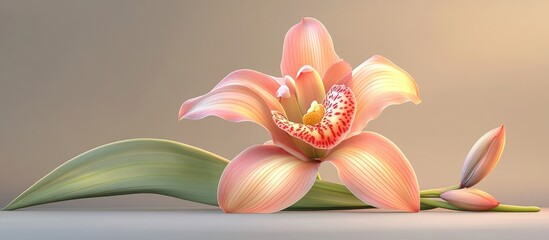 Aufkleber - Cymbidium Orchid in soft pastel tones elegantly displayed on a subtle gray background highlighting its delicate features and natural beauty