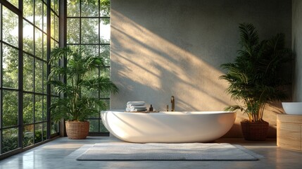 Poster - Modern Minimalist Bedroom with Freestanding Bathtub and Natural Light Featuring Ample Copy Space for Text