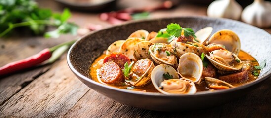 Aufkleber - Curry dish featuring fresh clams, fried sausage, and aromatic herbs on a rustic wooden table with garlic and chili peppers