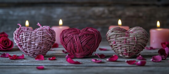 Poster - Valentine's Day Decor Rustic Wicker Hearts with Candles and Rose Petals on Wooden Background