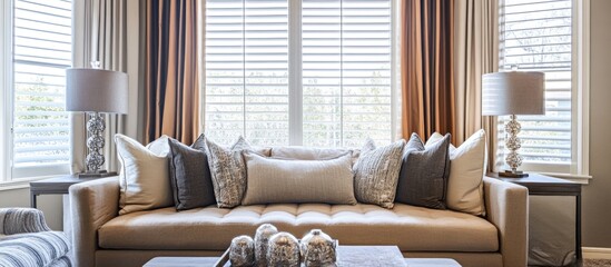 Poster - Stylish living room with modern brown curtains, decorative pillows, and elegant lamps by large windows creating a serene atmosphere