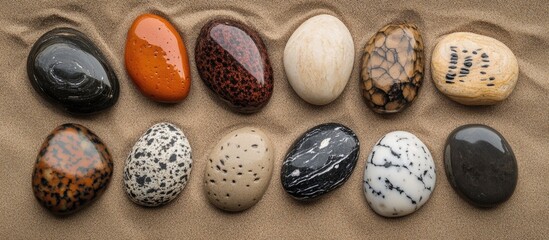 Leinwandbilder - Variety of polished pebbles arranged on sandy beach highlighting unique textures and colors from the Black Sea coast.