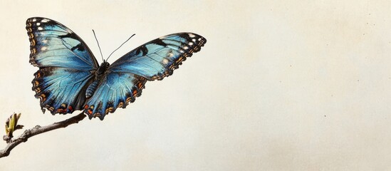 Poster - Intricate blue butterfly perched on a branch with detailed wing patterns and ample empty space for text on a plain background