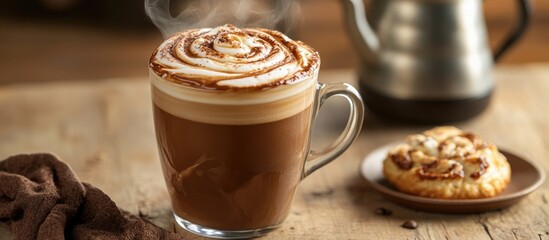 Poster - Cup of coffee with intricate latte art served with a cookie on a wooden table creating a cozy cafÃ© atmosphere