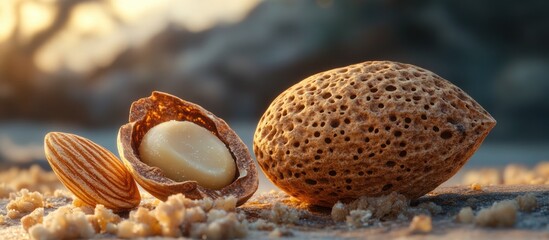 Poster - Cracked almond beside whole almond in shell with almond cracker showcasing natural textures and colors in a rustic setting