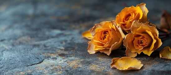 Poster - dried yellow roses with petals on a textured concrete background creating a rustic and vintage aesthetic for decor or photography