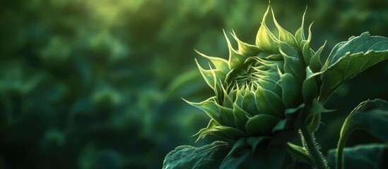 Poster - Macro shot of an unbloomed sunflower bud surrounded by lush greenery in soft natural light showcasing botanical textures and details.