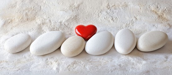 Poster - White stones forming a heart shape with a red stone centerpiece on a textured background symbolizing love and affection.