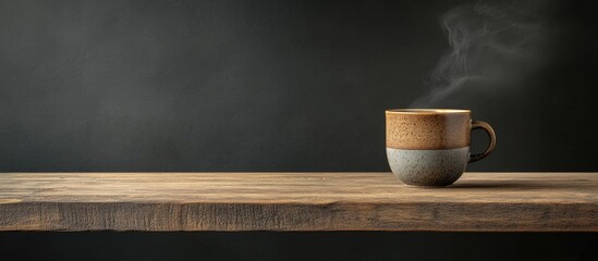 Poster - Cup of steaming tea in a rustic ceramic mug on a wooden table against a dark background showcasing a calming atmosphere.