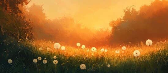 Poster - Dandelions in a serene meadow illuminated by warm sunset light creating a tranquil evening atmosphere.