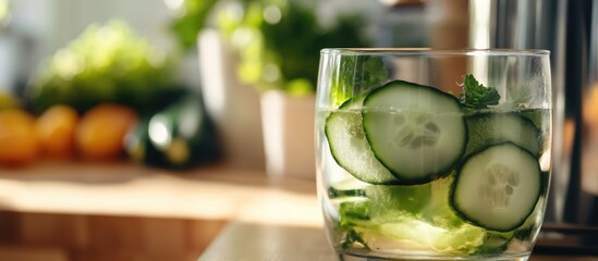 Poster - Refreshing cucumber slices infused in a glass with mint in a bright kitchen setting with fresh fruits in the background.