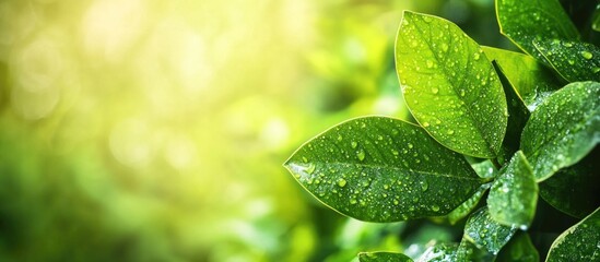 Poster - Dew-kissed leaves glistening in a serene forest setting with soft natural light illuminating the vibrant green foliage.