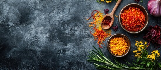 Poster - Saffron threads arranged in bowls with fresh herbs and vegetables on a dark textured background for culinary design and advertising.