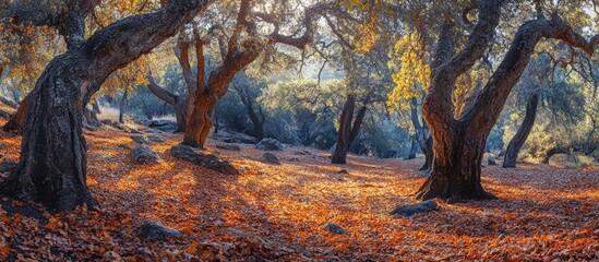 Poster - Serene autumn landscape with dry oak leaves covering the ground in a Quercus vulcanica forest showcasing vibrant seasonal colors