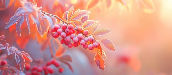 Poster - Autumn frost on rowan berries in soft morning light creating a serene and tranquil atmosphere suitable for beautiful interior design backgrounds