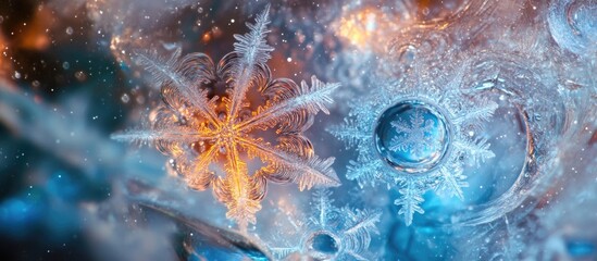 Leinwandbilder - Frozen water crystals and snowflake formations on glass creating an ethereal winter space concept with vibrant colors and textures.