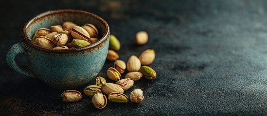 Poster - Crushed pistachios in a turquoise cup with coffee on a dark background highlighting natural textures and colors.