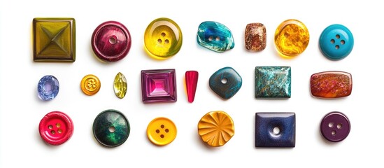 Poster - Vibrant assortment of assorted colorful buttons displayed on a clean white background for creative projects or fashion design purposes