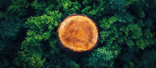 Poster - Aerial view of a cut tree stump surrounded by lush green foliage in a forest setting showcasing nature's cycles and regeneration.