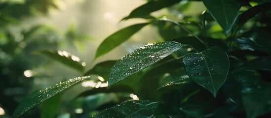 Poster - Morning dew glistening on lush green leaves in a soft sunlight setting, capturing the serenity of nature's beauty and tranquility.