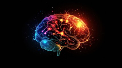 Fototapete - Scientific depiction of the brain featuring glowing neurons and electrical pulses in a vibrant and colorful design. Generative AI