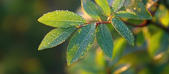 Poster - Young green leaf with dew drops showcasing intricate details in sunlight against a blurred natural background.