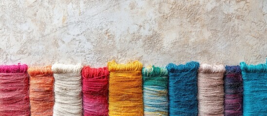 Poster - Colorful knitting threads in diverse textures and shades arranged neatly with a blank area for creative text placement.