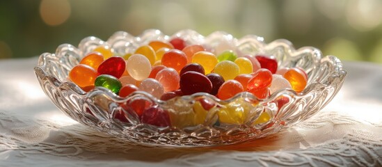 Aufkleber - Elegant cut glass candy dish filled with colorful jelly beans against a soft-focus white background, showcasing vibrant colors and textures.