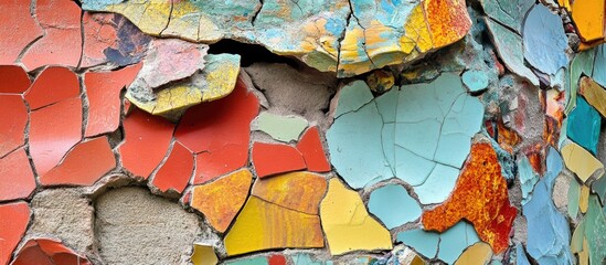 Poster - Abstract ceramic mosaic detail showcasing colorful, collapsing patterns and textures, creating a vibrant decorative background.