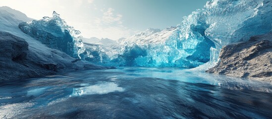 Poster - Icelandic glacier landscape showcasing vibrant blue ice textures and reflections in calm waters under a clear sky