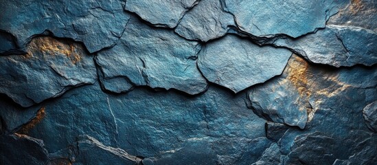 Poster - Dark blue textured slate stone surface with natural patterns ideal for backgrounds or artistic design applications.