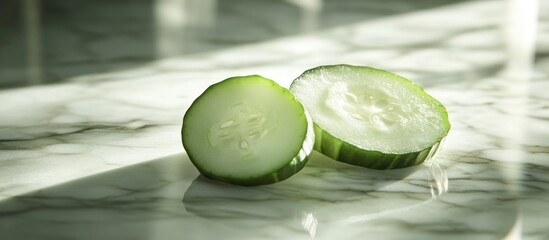 Aufkleber - Freshly sliced cucumber halves displayed on a polished marble surface with natural light highlighting their texture and color.