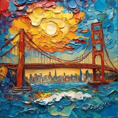 Fototapete - Vibrant impasto painting of the Golden Gate Bridge against the San Francisco skyline Sharp edges and abstract forms swirl in fluid paint creating a dynamic textured canvas