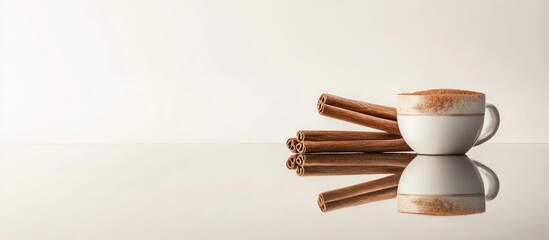 Poster - Cup of ground cinnamon with cinnamon sticks on a reflective surface creating a minimalist space for text or product placement.